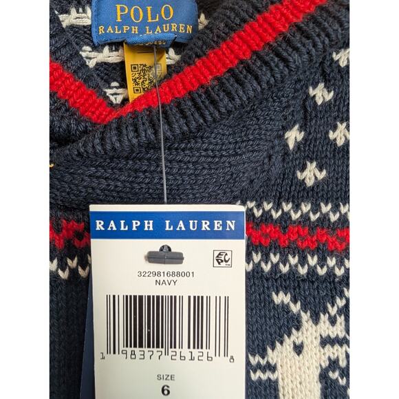 Polo Ralph Lauren Sweater Boys Size 6 Navy Reindeer Long Sleeve Shawl Collar NWT - Picture 5 of 5